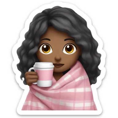 cute Black hair girl wrapped in pastel pink plaid blanket drinking coffee sticker