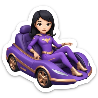 Hot full size real-appearance racing action BatGirl’s Lego feminine midnight-purple tight outfit sixty’s tv show 1992 stealth retro cat burglar sporty petite off-road pursuit hovering hover cruiser car rose gold accents (black hair,reclined and relaxed seating position and attitude) desert sticker