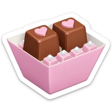 Two square milk chocolate pralines , sharp-edged glossy cubes placed diagonally side by side, each sitting in a small white fluted paper candy cup.
Flat thin pastel pink heart icing centered on top with fine sugar crystal sparkle, clean studio product lighting,  sticker