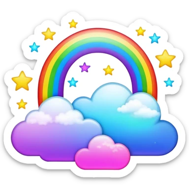 Neon rainbow moon with stars and clouds  sticker
