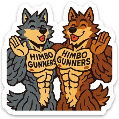 two hyper-muscular wolf furry characters, shirtless, with 'Himbo Gunners' tattoo on their chests, both sending a kiss, big smiles, playful and affectionate, oversized and detailed muscles, intricate fur, ultra high quality sticker