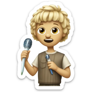 Blonde neathanderal with bowlcut holding a toothbrush like a microphone, singing, wearing normal clothes sticker