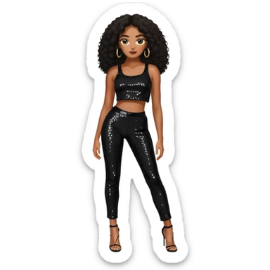 Solange with long dark brown hair, black sequin crop top, black sequin pants sticker