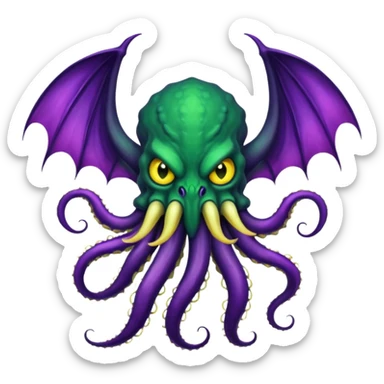 deep green Cthulhu with purple bat wings and purple gradient tentacles. Yellow angry eyes. yellow suckers on tentacles. dramatic ominous shading. two saber-teeth sticker