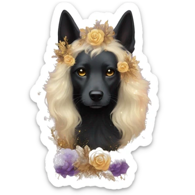 Black iridescent fluffy dog fox head zombie skeleton gold mechanical nebula galaxy stars flowers fairy lights vintage sticker