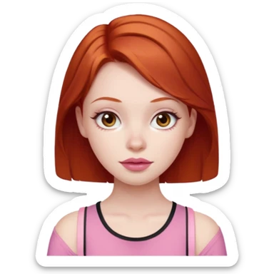 Redhead girl with deep brown eyes, pale skin with light red lips wearing a pink strap shirt sticker