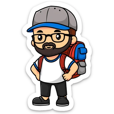 adventurer with backpack, small beard, glasses and backwards baseball cap sticker