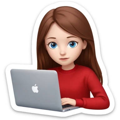 Emoji of a cute 3D girl with long brown hair and blue eyes, wearing a red sweater, focused working on a MacBook laptop, white background sticker