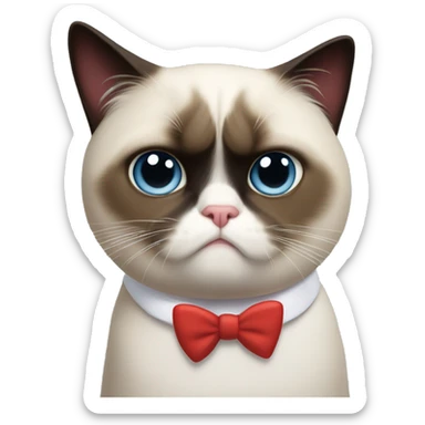 Grumpy cat with mostly black face but a white chin, wearing a red bow tie  sticker