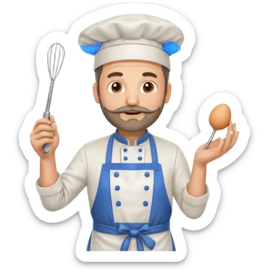 Middle aged male pastry chef - with a small beard, apron, white hat, holding an egg beater in his right hand, and his left hand naturally hanging down to his side sticker