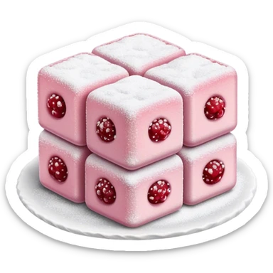 Cinematic Realistic Turkish Delight Dessert Emoji, featuring delicate, chewy confections dusted with powdered sugar rendered with vibrant textures and soft, inviting lighting. sticker