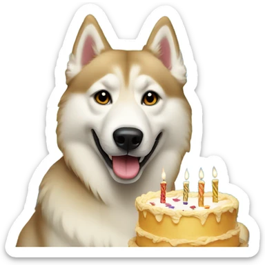 Golden beige husky with a hat and birthday cake sticker