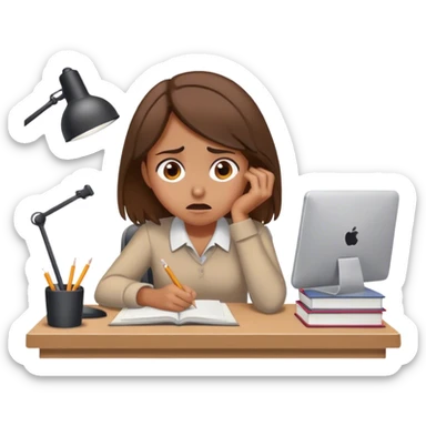 Tan girl brown hair frustrated studying at desk  sticker