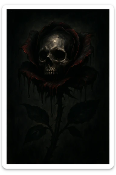 A rose with a skull for a bloom, petals appear to be crying or melting, dark and dramatic gothic style sticker
