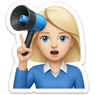 blue eyes blonde girl yelling into megaphone and holding up 1 finger in the other hand siling sticker