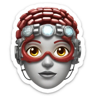 Red skin female cyborg head with silver goggles, silver circuits sticker