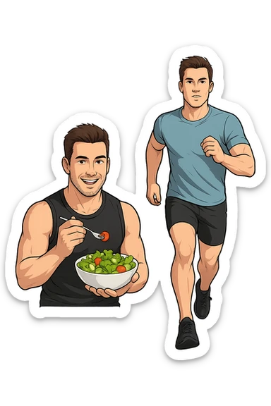 UOMO FITNESS CHE MANGIA INSALATA ACCANTO A UOMO FITNESS CHE CORRE IN POSA FRONTALE sticker