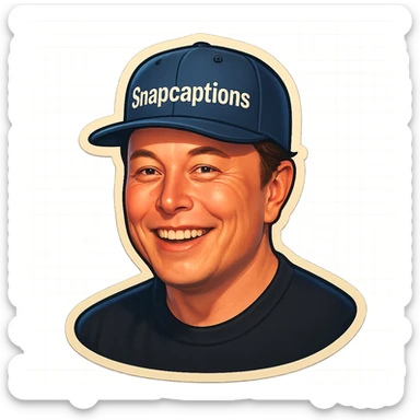 sticker of Elon Musk wearing a baseball cap with the name 'Snapcaptions', retro sticker style, playful and bold sticker