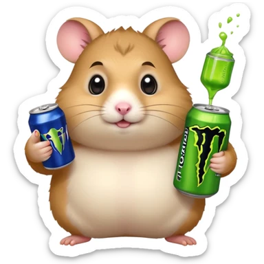 Funny cartoon-style fat hamster with big wide eyes  holding a can of monster energy in one hand and redbull in the other hand sticker