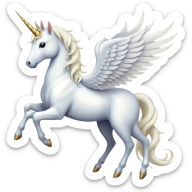 All white Cinematic Noble Unicorn with wings, slender with a flowing mane and tail and spiraled horn sticker