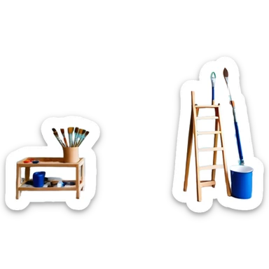 Create an icon that represents the wall painting, featuring a wall with a beautiful painting in progress. The design should include part of the wall decorated with colorful patterns or a mural, a paintbrush and a roller . The icon should show the process of creating the artwork, with the brush strokes visible on the wall, symbolizing the artistic nature of the craft. The composition should be balanced and harmonious, evoking creativity and skill. The background should be transparent. sticker