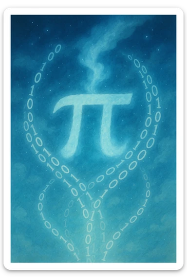  combine the π (pi) math symbol, binary code, and digital mist emerging from it. sticker