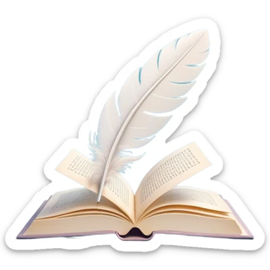 Create a delicate and poetic emoji representing poetry. The design should feature several elegantly flying pages with short poetic columns written on them. The pages should appear light and flowing, almost as if being carried by the wind. Include a white feather gently resting on the pages, symbolizing creativity and inspiration. Use soft, pastel tones to give it a dreamy, artistic feel. The design should feel ethereal and whimsical, capturing the essence of poetry. Make the background transparent. sticker