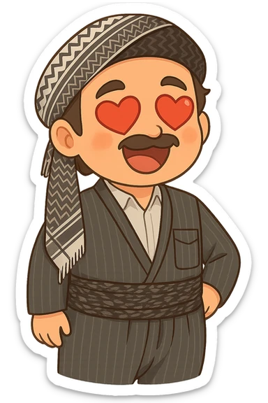 Create a colorful and cheerful cartoon sticker of a Kurdish man wearing the same clothes and scarf as the reference image, with no changes to the outfit or scarf. The face should have a romantic expression with heart-shaped eyes similar to the 😍 emoji. The image should have no shadows or color halos around it, no text, and a completely transparent background. Suitable for WhatsApp and Instagram. sticker