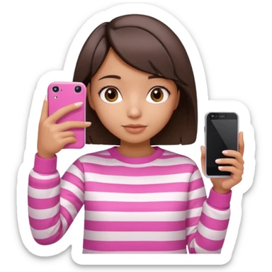 Emoji of a cute 3D girl with short dark brown bob hairstyle, wearing a pink and white striped sweatshirt. She is holding a phone and taking a selfie, white background.

 sticker
