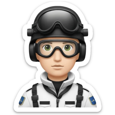 A Finnish modern soldier in a white snow uniform. with black night vision goggles sticker