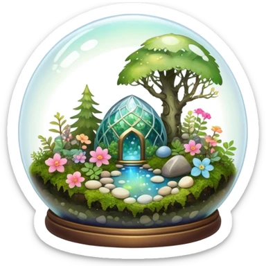 Sparkly shiny iridescent Mystical woodland glass-dome-terrarium-globe with moss inside, with marbles, with pebbles, crystals, with bones inside, and flowers inside  sticker
