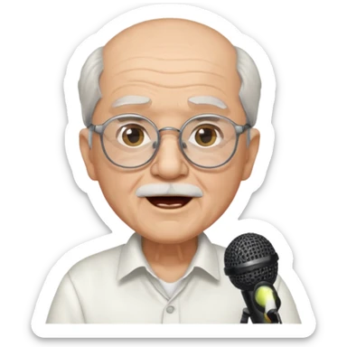 singer, Old man, singing to mic, white shirt glasses sticker