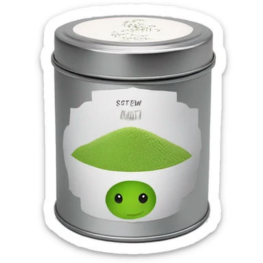 matcha scented candle in a silver tin with a small white label realistic sticker
