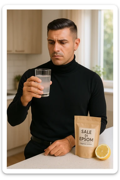 A realistic, bright photo-style image of a young man in his 30s standing in his kitchen, holding a clear glass filled with water in which Epsom salt (magnesium sulfate) has been dissolved. He looks focused but slightly uncertain as he prepares to drink it for a liver flush or digestive cleanse. The glass shows slight cloudiness from the dissolved salt. On the counter are a packet labeled 'Sale di Epsom' and a sliced lemon, suggesting he might use it to mask the taste. The setting is clean, natural, and bright with neutral tones. The background shows sunlight streaming through a window, emphasizing a clean, minimalist health-focused environment. The mood conveys a realistic, calm moment of self-care with a hint of discomfort, illustrating a natural detox practice in italiano sticker