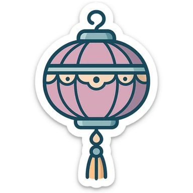 Chinese lantern, icon-color-outlined style, thin clean outlines, soft rounded shapes, pastel palette #98B5BC, #B5B3C1, #C9A3C9, #E4C0CA, #F7DCD1, #F7C0AA, detailed shadows and highlights, soft lighting, transparent background, elegant and unusual, with decorative elements, tassels, patterns, pendants, oriental style sticker
