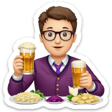 Man with glasses german eating schnitzel, red cabbage, sauerkraut, potato salad, and beer sticker