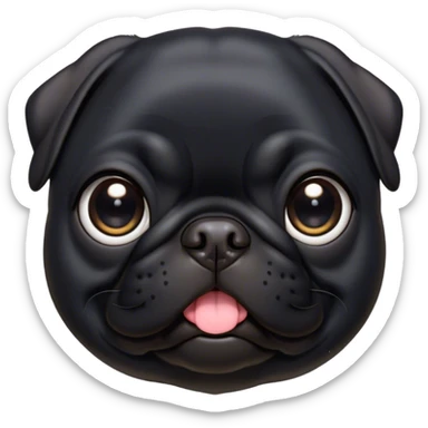 Cinematic Cute Black Pug Portrait Emoji, Head tilted playfully and inquisitively, featuring a glossy black coat with a smooth finish, round, sparkling dark eyes filled with curiosity, Simplified yet irresistibly adorable features, highly detailed, glowing with a warm, friendly glow, high shine, affectionate and lively, stylized with a touch of whimsy, bright and endearing, soft glowing outline, capturing the essence of a mischievous yet loving pup, so playful it feels like it could bounce out of the screen and into your arms! sticker