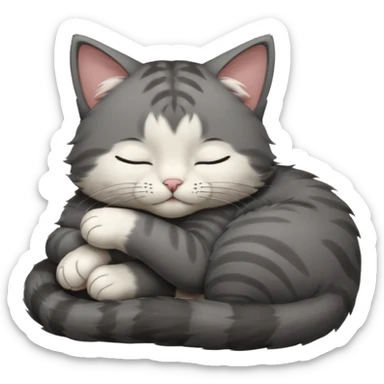 dark grey and white small cat with closed eyes, leaning his head on his paw while leaning on his elbow lying down sticker