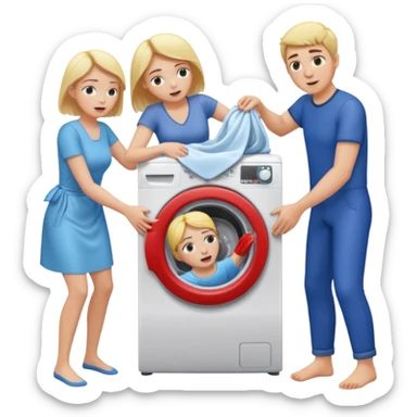 Eine Frau mit dem in der Waschmaschine feststeckt und zwei Männer die hinten an ihr ziehen um ihr zu helfen  sticker