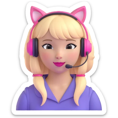 sassy blond girl with straight hair, short bangs, pink kitty-ear headset, pink lips, winking sticker