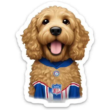 Golden Labradoodle wearing Rangers jersey sticker