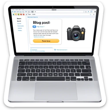 Create an emoji representing blogging. The design should feature an open laptop with a visible blog post on the screen, showing text. Add a photo or video camera to emphasize multimedia content. Do not include any emojis or smiley faces. Make the background transparent. sticker