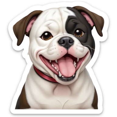 Cinematic Cute Yawning Black and White American Bulldog Portrait Emoji, Head tilted slightly with a dramatic, wide-open yawn, short black and white fur with a velvety texture, floppy ears slightly drooping, round brown eyes barely open in drowsy contentment, Simplified yet irresistibly adorable features, highly detailed, glowing with a soft, cozy glow, high shine, relaxed yet expressive, stylized with a touch of whimsy, bright and endearing, soft glowing outline, capturing the essence of a sleepy yet affectionate pup, so drowsy it feels like it could stretch right out of the screen and curl up for a nap! sticker