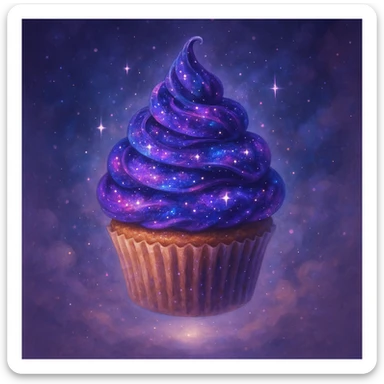 magical cupcake floating in the air, topped with swirling galaxy-themed icing, sparkling stars and cosmic colors, dreamy and whimsical sticker