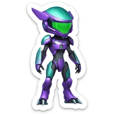 a chibi-style purple-green Genesect-Raptor-Fakémon—hybrid with a futuristic visor-helmet full body sticker