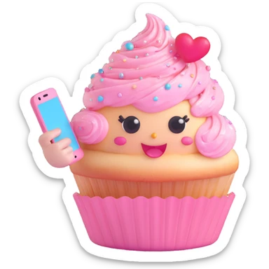 adorable 3D kawaii cupcake with pastel swirled frosting, glossy cherry, big sparkling eyes, tiny hands holding a phone, making a duckface selfie, hearts and sparkles on frosting, pastel pink polka dot wrapper, smug pose, floating sparkles, soft shadows, high resolution sticker