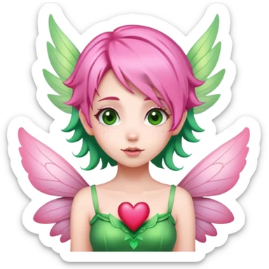 pink hair, pink wing fairy in green dress hearts sticker