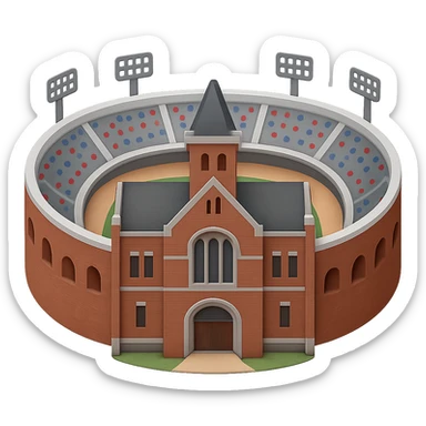Adjust the emoji of Franklin Field so that the stadium curves around with both ends of the horseshoe-shaped stadium facing the front. Make Weightman Hall much wider as it is in reality. Keep the view focused on the front of Weightman Hall with the stadium surrounding it. Maintain realistic, lifelike detail, accurate colors, and bright lighting. The background should be transparent. sticker