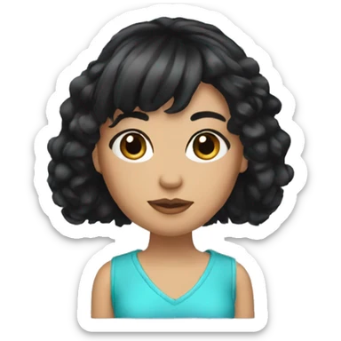Create a emoji which has a fair girl Clear Skin  with big black hair with bangs and eyeliner.  sticker