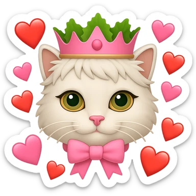 Make the hearts larger around the white cat with a pink bow and a green lettuce crown in the style of emoji. Remove the background. sticker